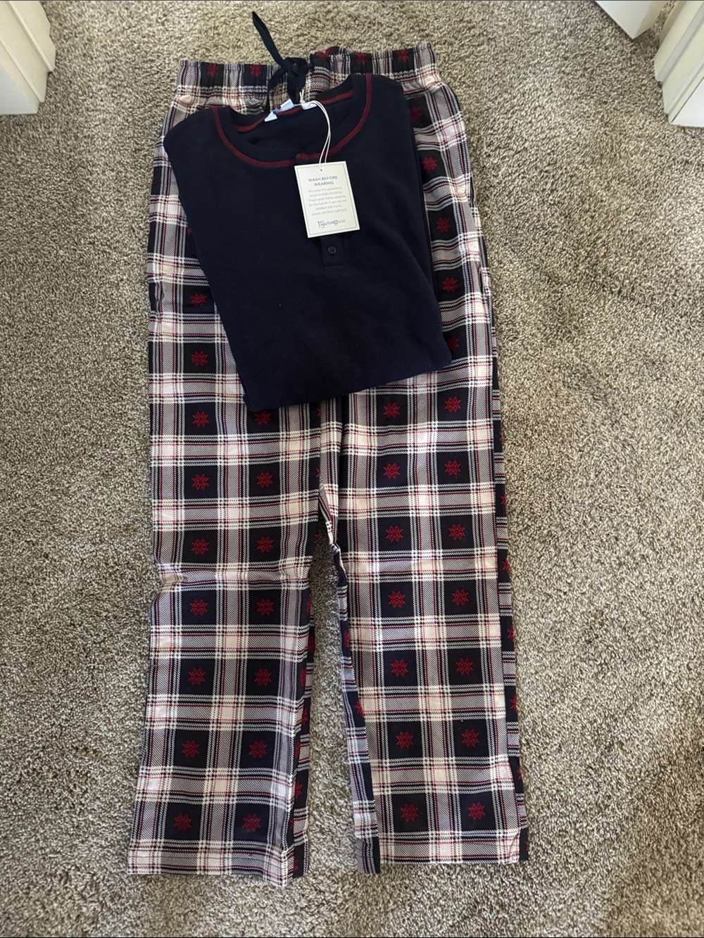 Adult small men’s Black and Red Plaid Pajama Set